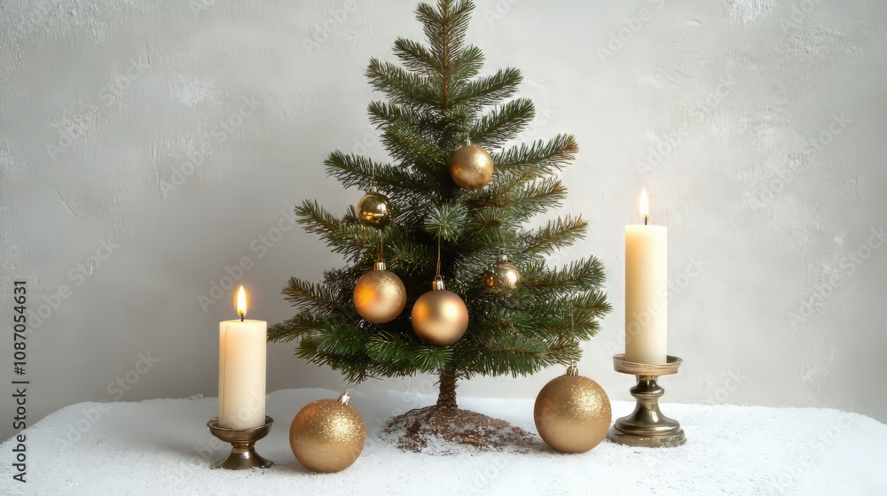 green small pine tree with lights, candles and ornaments against white background green small pine tree with lights, candles and ornaments against white background