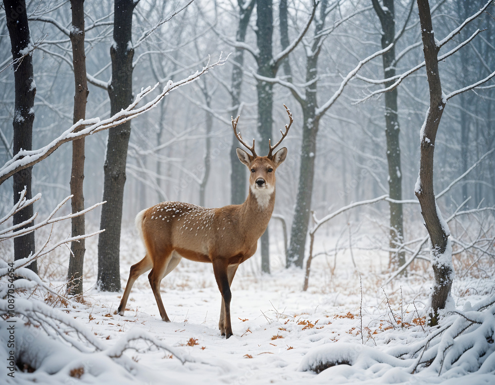 Fototapeta premium In a captivating winter scene featuring wildlife, A majestic deer stands gracefully in a snowy forest