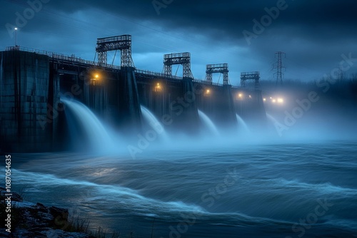 A stunning view of a dam illuminated at dusk. The flowing water creates a serene atmosphere. Perfect for environmental themes. Captured in a moody style. Generative AI photo