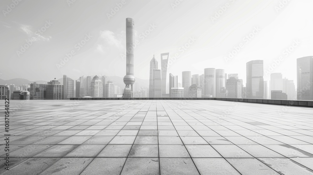 Fototapeta premium Empty square floor with city skyline background, Urban square with vibrant street market, bustling city scene