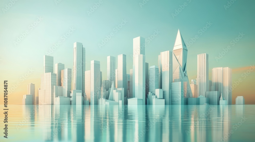 Low-polygonal city skyline reflected in calm water at sunrise. Low-polygonal city skyline reflected in calm water at sunrise.