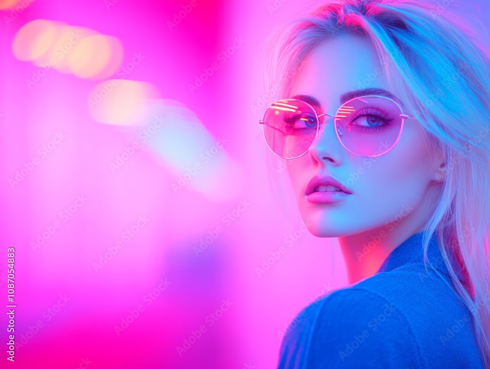 Stylish Blonde Woman in Oversized Glasses with Neon Lights and Vibrant Colors Stylish Blonde Woman in Oversized Glasses with Neon Lights and Vibrant Colors