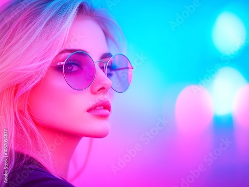 Stylish Blonde Woman in Oversized Glasses with Neon Lights and Vibrant Colors