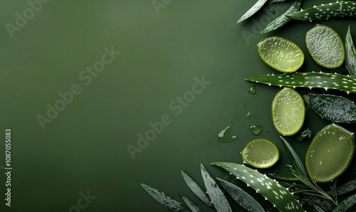 aloe vera slices and olive in a dark olive green background ,generative ai