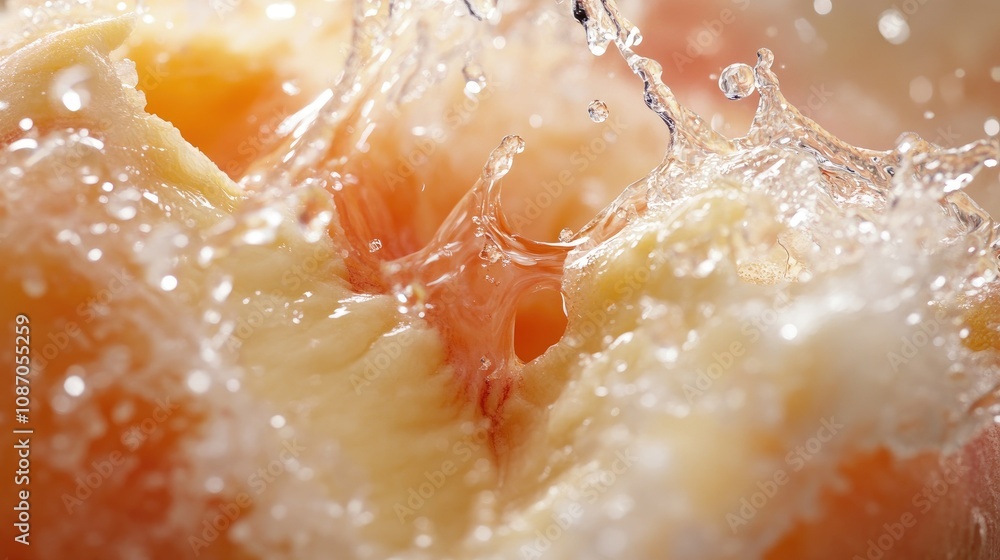 Water splashing on a ripe peach, close-up. Water splashing on a ripe peach, close-up.