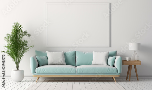 Mint Green Sofa White Walls Mockup Canvas Modern Living Room Interior