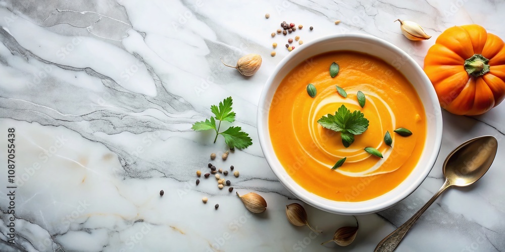 Top View of Creamy Pumpkin Traditional Soup with Silky Texture on a Marble Background, Perfect for Seasonal Recipes and Culinary Inspiration, Copy Space for Text Overlay Top View of Creamy Pumpkin Traditional Soup with Silky Texture on a Marble Background, Perfect for Seasonal Recipes and Culinary Inspiration, Copy Space for Text Overlay