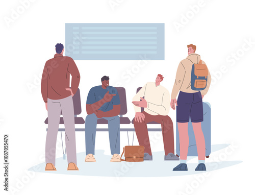 Male travellers waiting public transport, plane flight, train or bus. Young men with suitcase and bags, with backpack. Seasonal vacations, flat vector scene
