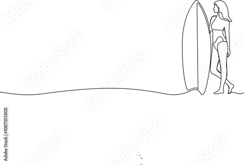 continuous single line drawing of female surfer standing on beach holding surfboard, line art vector illustration