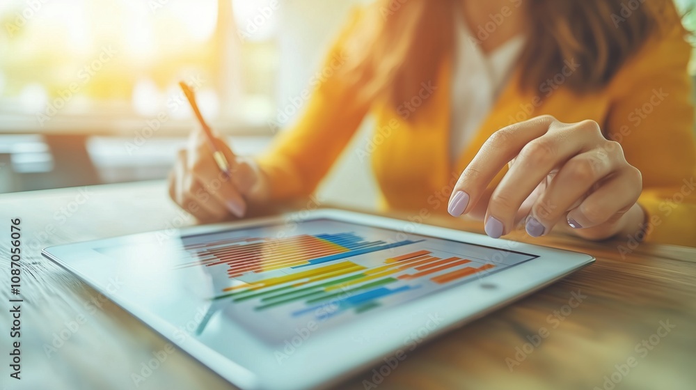 Hands interacting with a tablet screen showing colorful data charts, symbolizing innovation, technology, and business analysis. Hands interacting with a tablet screen showing colorful data charts, symbolizing innovation, technology, and business analysis.