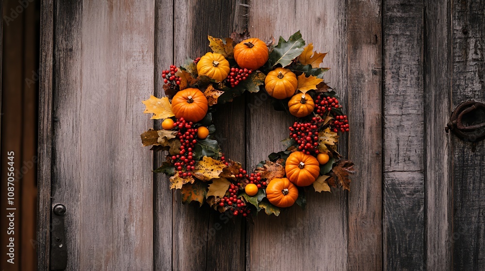 Autumn Wreath on a Wooden Door Autumn Wreath on a Wooden Door