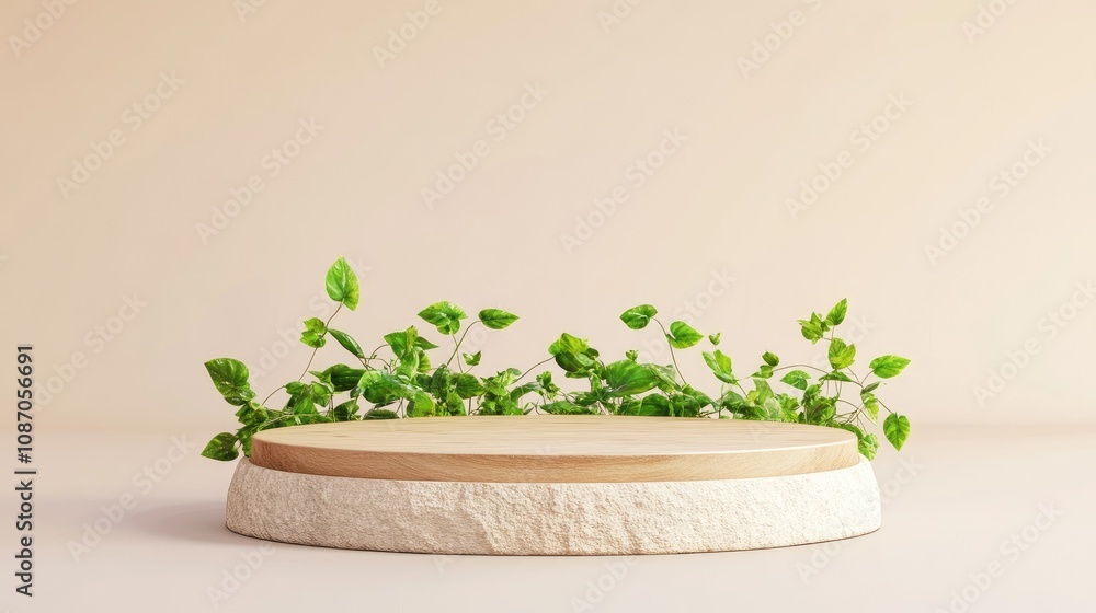 Wooden and stone podium with green leaves. Wooden and stone podium with green leaves.