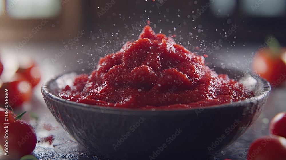 Close-up of a bowl of tomato paste with splashing droplets and fresh tomatoes. Close-up of a bowl of tomato paste with splashing droplets and fresh tomatoes.