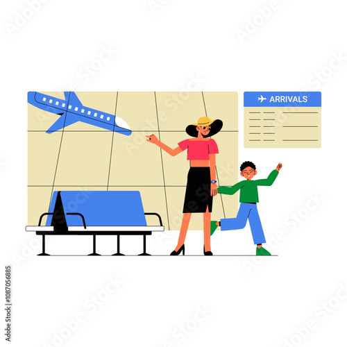 Mother And Child At Airport Arrivals In Flat Vector Illustration Symbolizing Family Travel, Reunions, And Adventure, Isolated On White Background