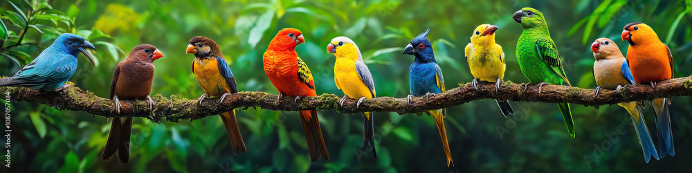 A diverse array of colorful birds perched on a tree branch, their bright plumage contrasting against the verdant foliage. A diverse array of colorful birds perched on a tree branch, their bright plumage contrasting against the verdant foliage.