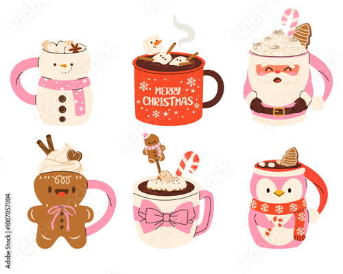 Set of cute Pink Christmas Mugs in shape of Santa Claus, gingerbread. Сacao with whipped cream, marshmallow and candies. Seasonal flavored products, cards for New Year or winter holidays. Vector flat
