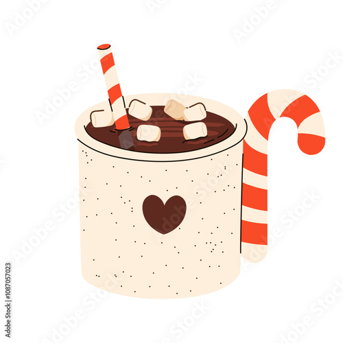 Cute Christmas Mug with candy cane and cacao, whipped cream, marshmallow, gingerbread and candy cane. Seasonal flavored products, cards for New Year or winter holidays. Vector flat illustration