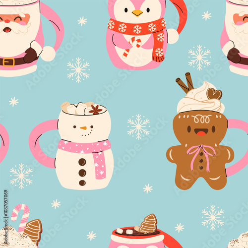 Seamless Christmas Pattern with various Mugs with cacao, whipped cream, marshmallow, gingerbread and candy cane. Seasonal flavored products, cards for New Year or winter holidays.