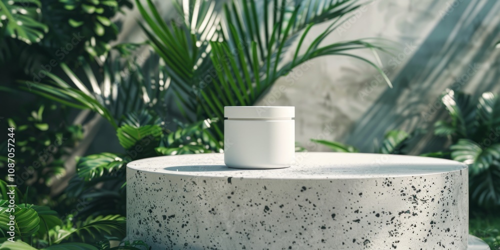 Simple white cream container on a concrete podium, with a botanical garden background, 4K hyperrealistic photo. Simple white cream container on a concrete podium, with a botanical garden background, 4K hyperrealistic photo.