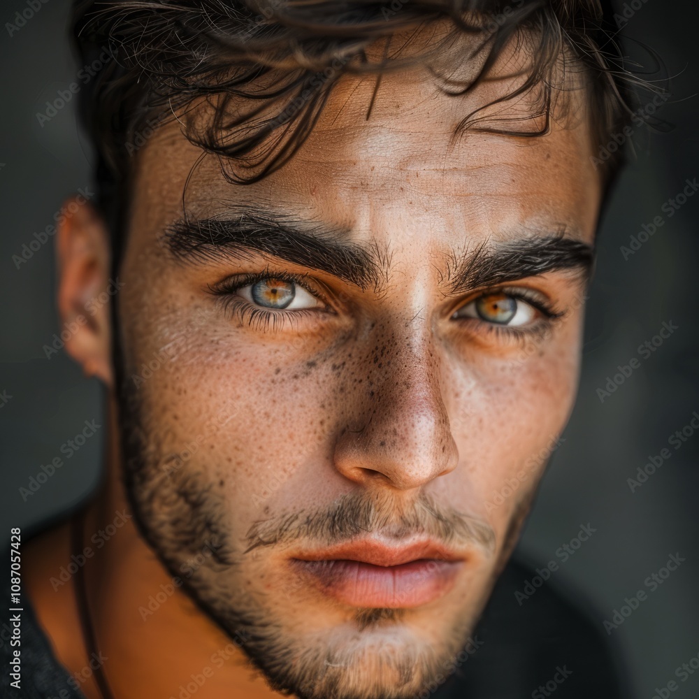 Young man with a strong jawline and intense eyes, looking straight into the camera, photo for a profile picture. Young man with a strong jawline and intense eyes, looking straight into the camera, photo for a profile picture.