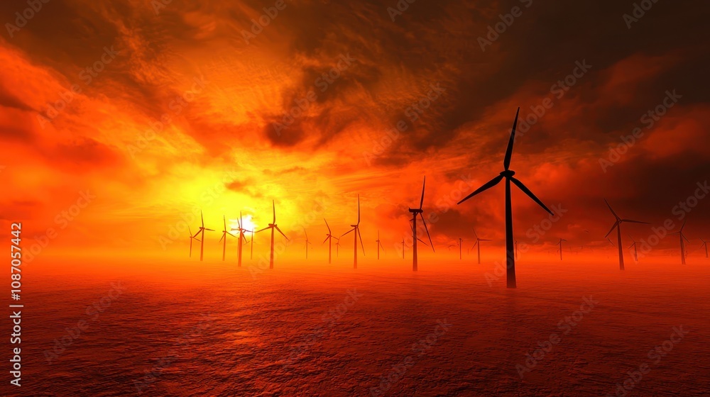 Obraz premium Spectacular Sunset Over Sea with Silhouetted Wind Turbines Against Dramatic Cloudscape and Vibrant Sky Highlighting Renewable Energy and Nature's Beauty