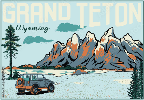 Grand Teton national park vector art, Wyoming spring mountain vector illustration, Retro vintage road trip vector art, American mountain adventure graphic print design
