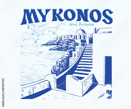 Mykonos Greece  vector sketch , Greece island travel
Illustrations, Greece travel drawing for t shirt, poster, screen print, Old Greek city art 