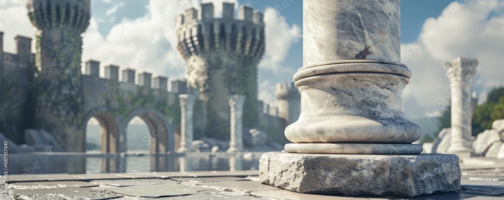 Fototapeta premium Empty short marble pedestal against a medieval castle. 4K close-up illustration.