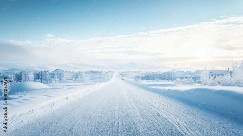 Arctic city park covered in snow with a clear view of the horizon Arctic city park covered in snow with a clear view of the horizon