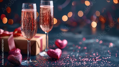 Two glasses of pink champagne with a gift box and hearts on a dark surface with a bokeh background.