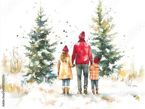 Family Bonding Time in Winter Wonderland: Serene Watercolor Illustration of Parents and Child Enjoying Snowy Landscape with Evergreens photo