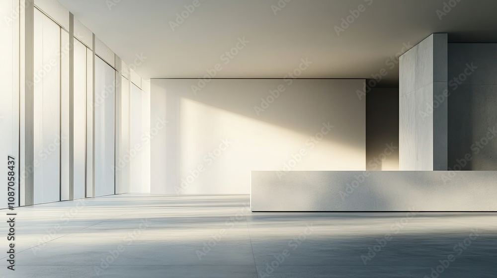 Fototapeta premium Minimalist modern empty office interior with large windows and sunlight.