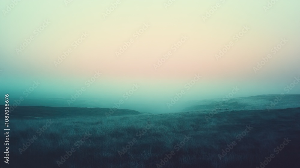 Misty sunrise over a vast, tranquil landscape. Misty sunrise over a vast, tranquil landscape.