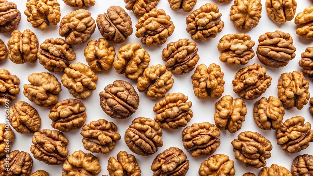 Top View of Walnut Kernels Isolated on White Background with Copy Space for Food Photography, Culinary Uses, Healthy Snacking, Natural Ingredients, and Organic Recipes Top View of Walnut Kernels Isolated on White Background with Copy Space for Food Photography, Culinary Uses, Healthy Snacking, Natural Ingredients, and Organic Recipes