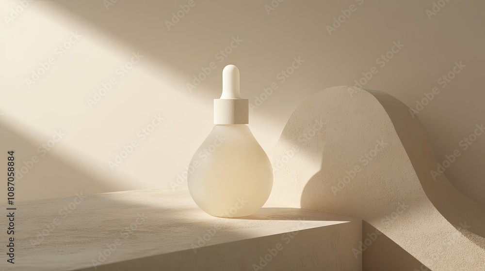 Frosted glass dropper bottle on beige platform with sunlight. Frosted glass dropper bottle on beige platform with sunlight.
