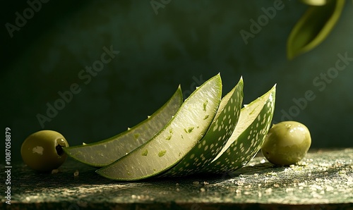 aloe vera slices and olive in a dark olive green background ,generative ai