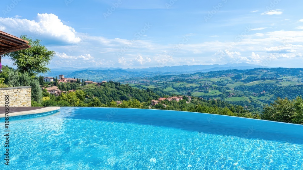 Serene Infinity Pool with Stunning Hillside View in Italian Countryside Under a Bright Blue Sky with Fluffy Clouds and Lush Green Landscape Serene Infinity Pool with Stunning Hillside View in Italian Countryside Under a Bright Blue Sky with Fluffy Clouds and Lush Green Landscape