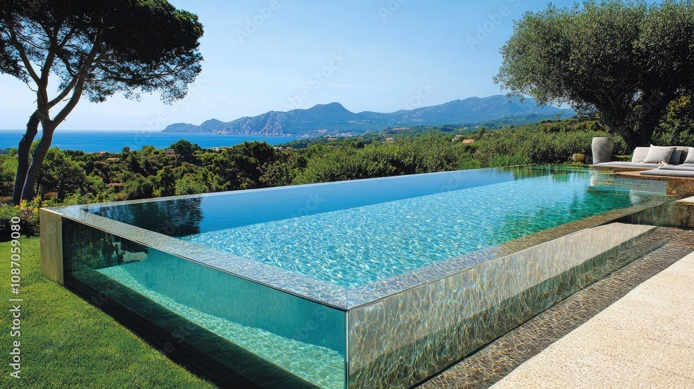 Stunning Infinity Pool Overlooking Serene Ocean and Lush Green Landscape with Majestic Mountains in the Background, Perfect for Relaxation and Scenic Views Stunning Infinity Pool Overlooking Serene Ocean and Lush Green Landscape with Majestic Mountains in the Background, Perfect for Relaxation and Scenic Views