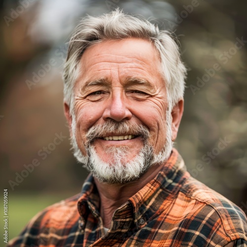 Older man with a goatee and a warm smile, wearing a flannel shirt, looking at the camera, photo for a profile picture.