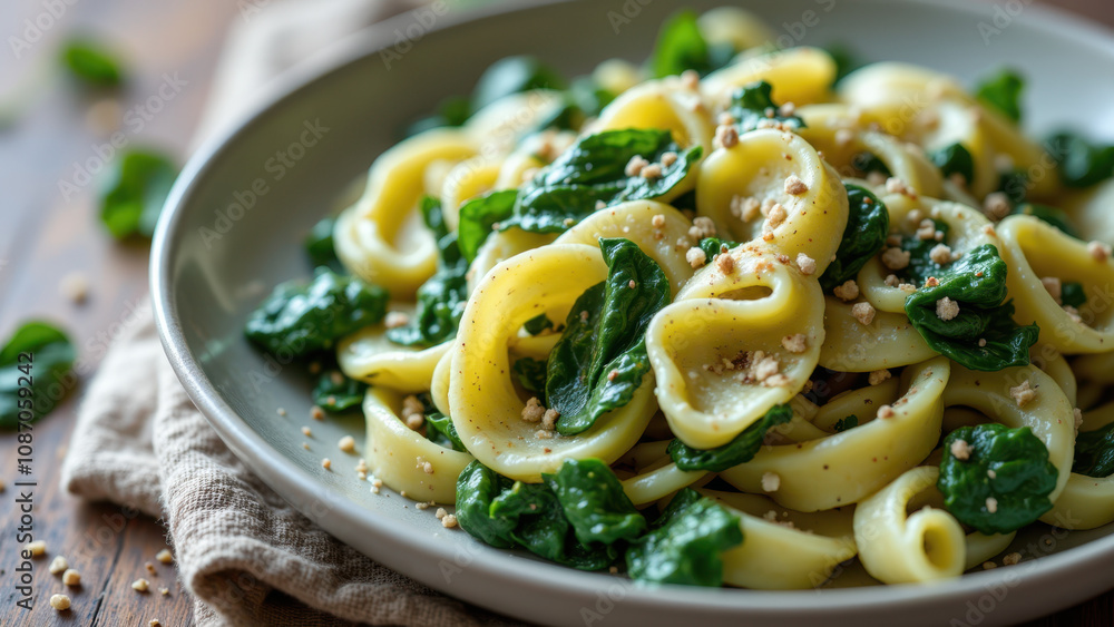 A close-up view of a dish with cooked mafaldine pasta topped with fresh basil leaves and possibly some nuts, presented on a wooden surface. The pasta has a creamy texture. A close-up view of a dish with cooked mafaldine pasta topped with fresh basil leaves and possibly some nuts, presented on a wooden surface. The pasta has a creamy texture.