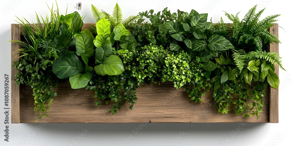 Lush thriving display of diverse jungle inspired plants foliage and trailing vines artfully arranged in a rustic reclaimed wood planter against a bright clean white backdrop Lush thriving display of diverse jungle inspired plants foliage and trailing vines artfully arranged in a rustic reclaimed wood planter against a bright clean white backdrop