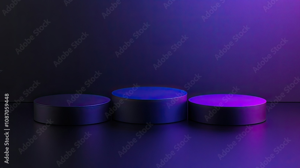 Three dark cylindrical podiums on a reflective surface, illuminated with purple and blue neon light. Three dark cylindrical podiums on a reflective surface, illuminated with purple and blue neon light.
