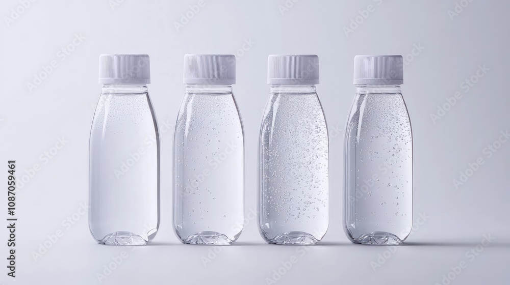 Bottled Water Collection Displaying Different Levels of Carbonation with Clear Liquid and White Caps Against a Light Background Bottled Water Collection Displaying Different Levels of Carbonation with Clear Liquid and White Caps Against a Light Background
