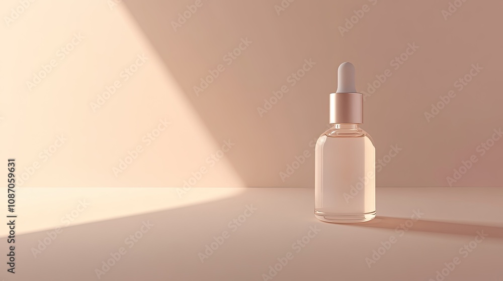 Glass dropper bottle with light illuminating it on a beige background. Glass dropper bottle with light illuminating it on a beige background.