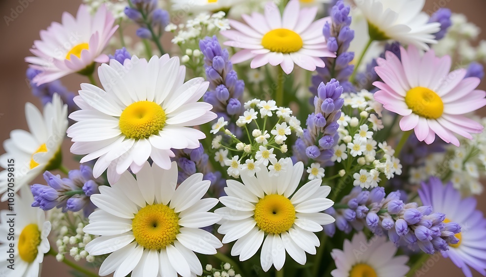 Obraz premium Daisy and lavender bouquet with soft pastel hues.