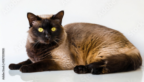 Beautiful Siamese cat.  Relaxed and curious cat resting on a white surface. photo