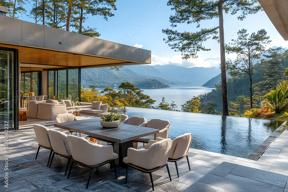 Fototapeta premium Editorial photography of a modern outdoor dining table on a black wood terrace overlooking a varas lake and pine trees.