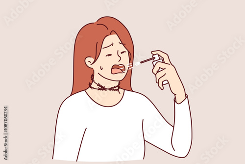 Cough spray is used by woman to cure infection and kill viruses in mouth after contracting flu. Girl with barbed wire around neck is sick with flu caused by outbreak of dangerous pandemic or epidemic.
