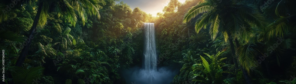 Fototapeta premium Stunning lush tropical waterfall cascading abundantly through vibrant greenery in a serene paradise.