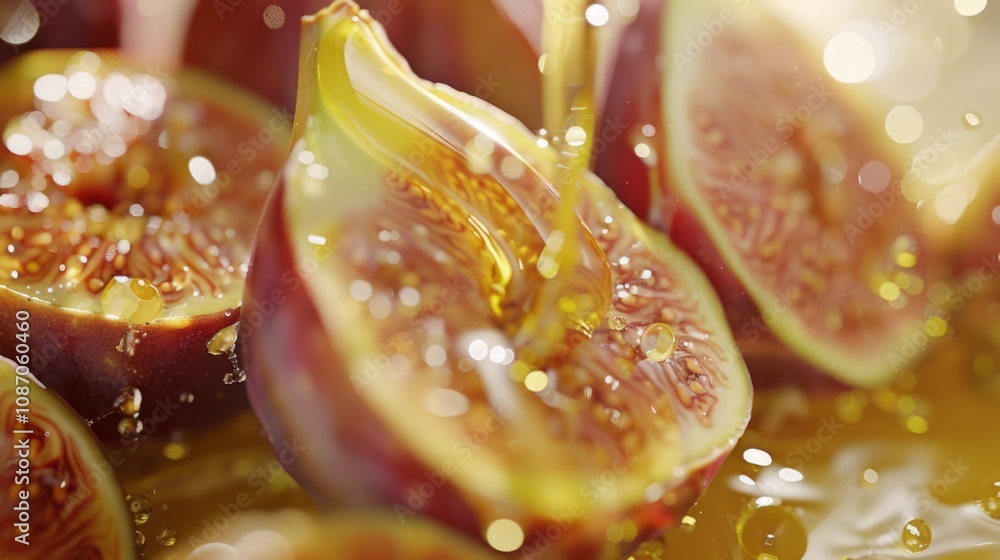 Honey drizzles over juicy fig halves Honey drizzles over juicy fig halves